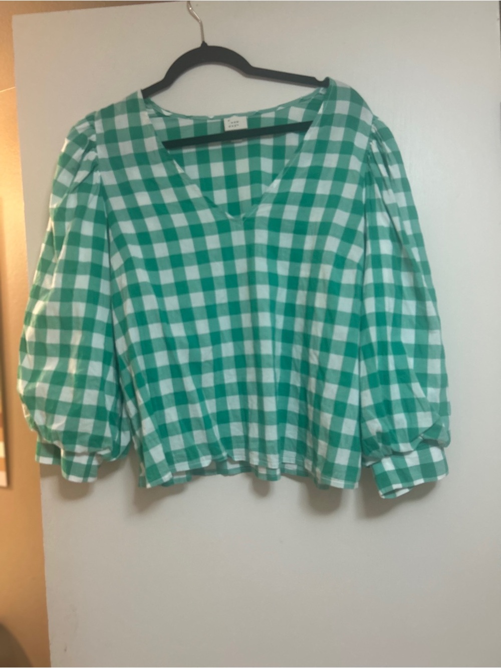 a new day Green and White Gingham Puff Sleeve V-Neck Blouse